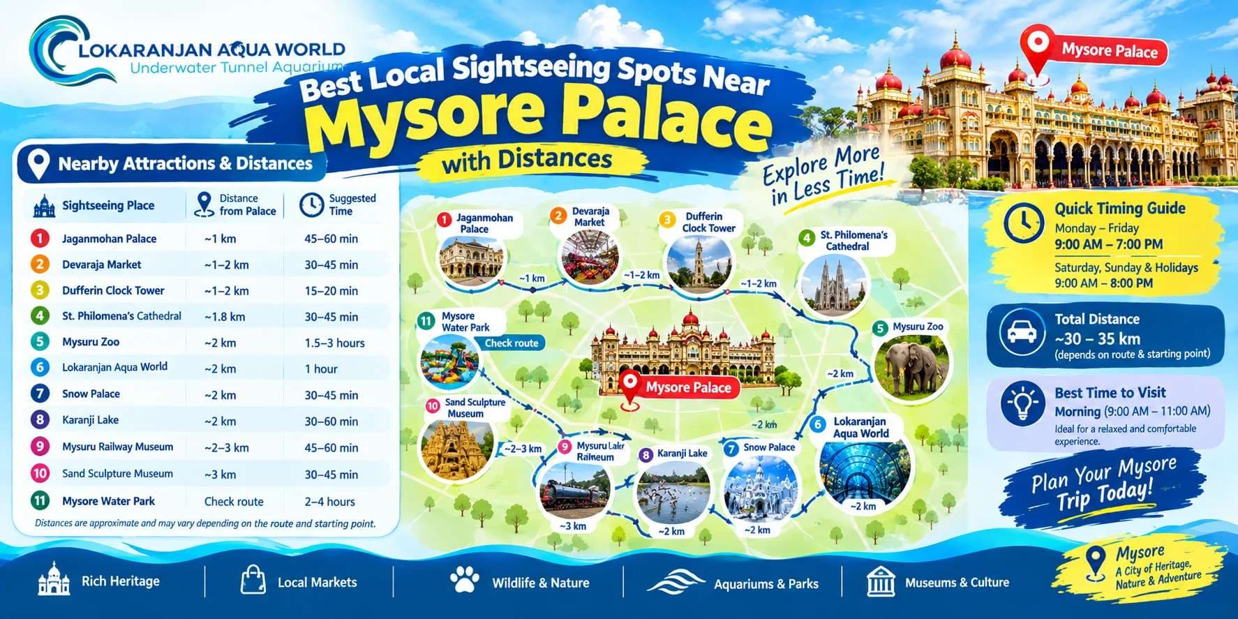 What Are the Best Local Sightseeing Spots Near Mysore Palace with Distances?